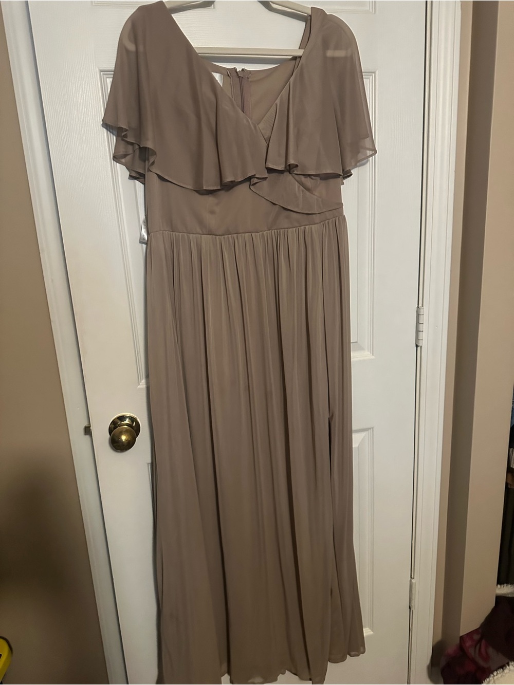 Azazie Taupe Maxi Dress with Ruffle V-Neck